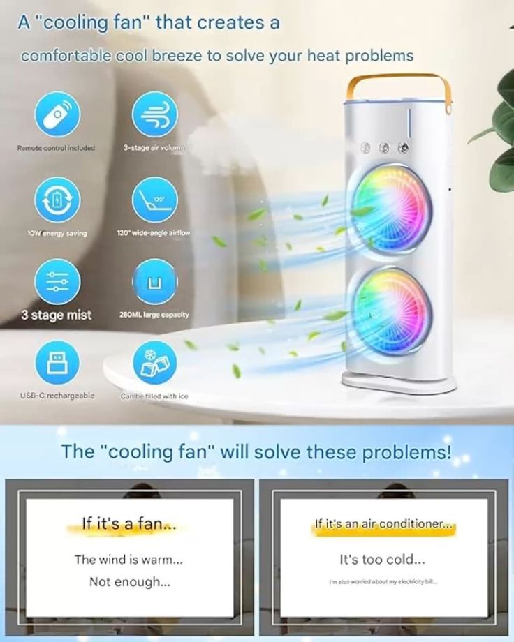 Portable Dual Fan Air Cooler with Humidifier & LED Night Light – 3-Speed Spray Cooling Fan