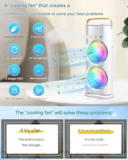 Portable Dual Fan Air Cooler with Humidifier & LED Night Light – 3-Speed Spray Cooling Fan