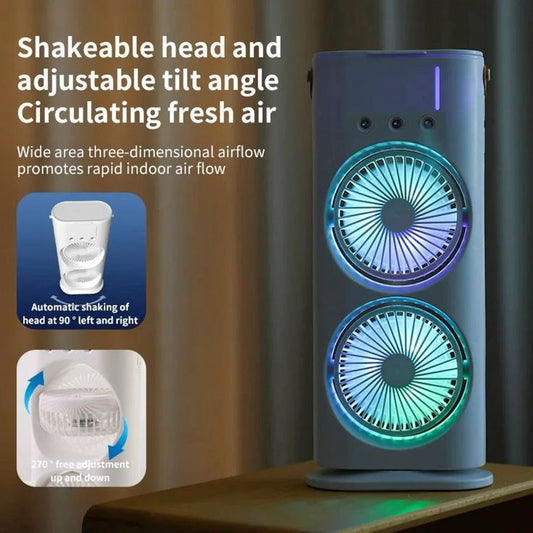 Portable Dual Fan Air Cooler with Humidifier & LED Night Light – 3-Speed Spray Cooling Fan