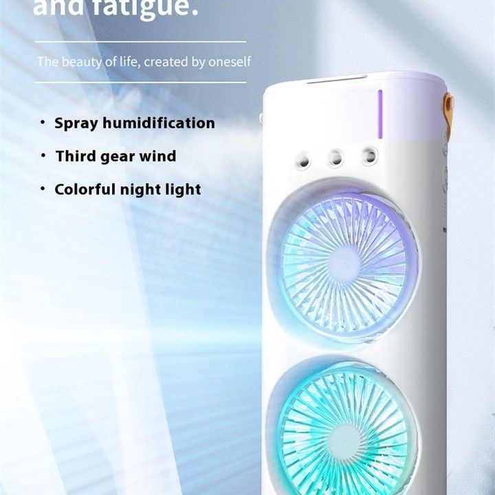 Portable Dual Fan Air Cooler with Humidifier & LED Night Light – 3-Speed Spray Cooling Fan