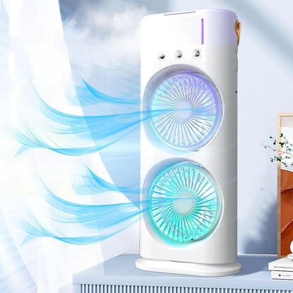 Portable Dual Fan Air Cooler with Humidifier & LED Night Light – 3-Speed Spray Cooling Fan