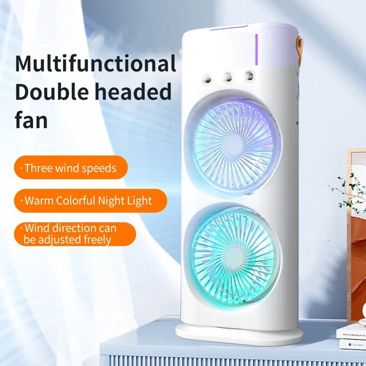 Portable Dual Fan Air Cooler with Humidifier & LED Night Light – 3-Speed Spray Cooling Fan