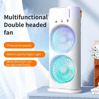 Portable Dual Fan Air Cooler with Humidifier & LED Night Light – 3-Speed Spray Cooling Fan